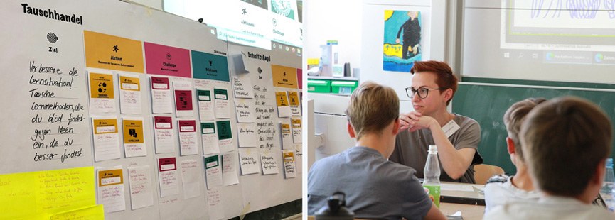 Kinder im Klassenraum und Ideen auf Tafel